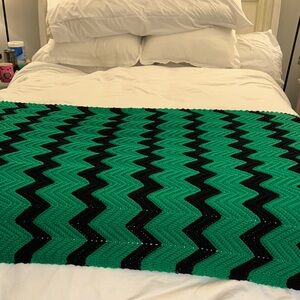 Hand Crochet Throw Green and Navy/Black chevron Throw Here on Queen Bed 44x90 in